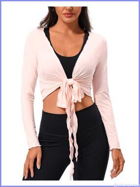 Womens Tie Front Wrap Top Long Sleeve Cropped Shrug Bolero Yoga Ballet Cover Up